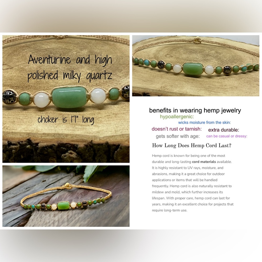 Earthy hemp and gemstone necklace,boho chic choker,hypoallergenic jewelry, gift